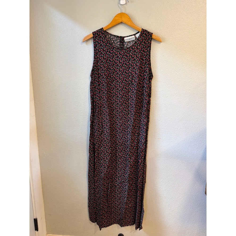 Dress Barn Maxi Dress Women Size 10 Black Red Ditsy Floral Rayon Sleeveless 90s